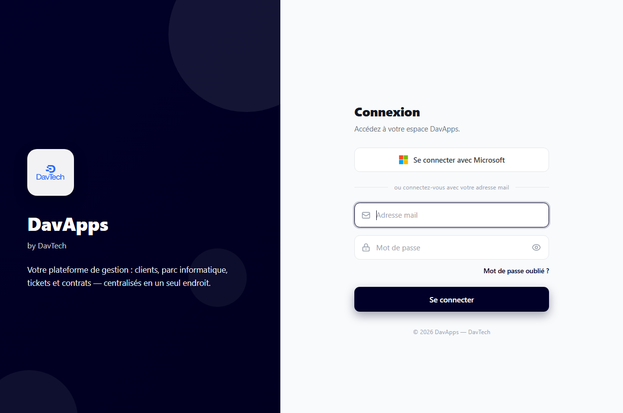 Page de connexion de l'application DavApps avec connexion Microsoft
